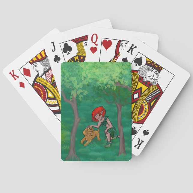elf girl playing with her puppy dog in the woods cards (Back)