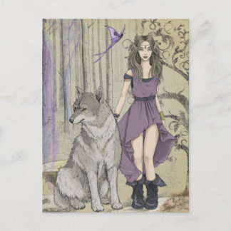 Elf girl with Wolf fantasy Postcard