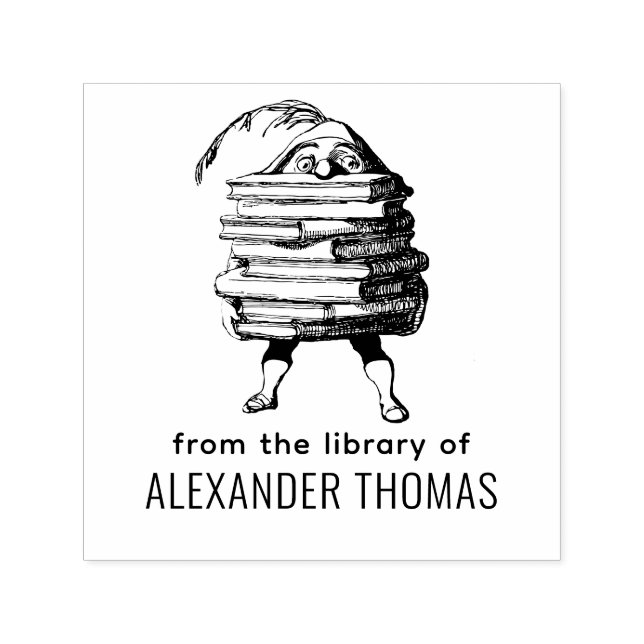 Elf Gnome Carrying Huge Book Stack SQ Library Name Self-inking Stamp (Design)