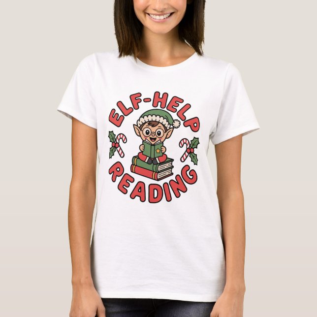 Elf-Help Reading Holiday Book Pun T-Shirt (Front)