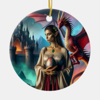 Elf holding a dragon egg ceramic tree decoration
