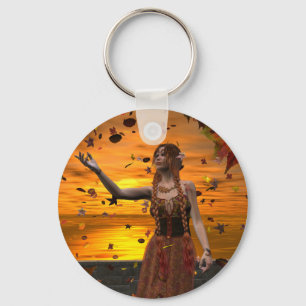Elf in Falling Leaves Against an Autumn Sunset Key Ring