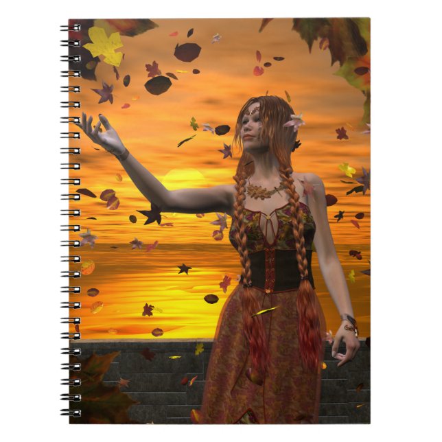 Elf in Falling Leaves Against an Autumn Sunset Spiral Notebook (Front)