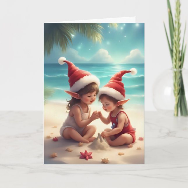 Elf Kids on the Beach – Christmas Sandcastle Card (Front)