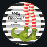 Elf Legs Merry Christmas Classic Round Sticker<br><div class="desc">Elf legs in striped tights and green boots on black and white stripes,  these stickers include Merry Christmas and your names. MATCHING items in our store.</div>