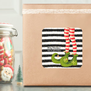 Elf Legs on Black and White Stripes Square Sticker