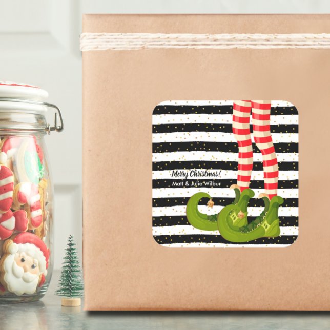 Elf Legs on Black and White Stripes Square Sticker (Creator Uploaded)