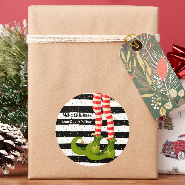 Elf Legs on Black White Stripes Classic Round Sticker (Holiday)