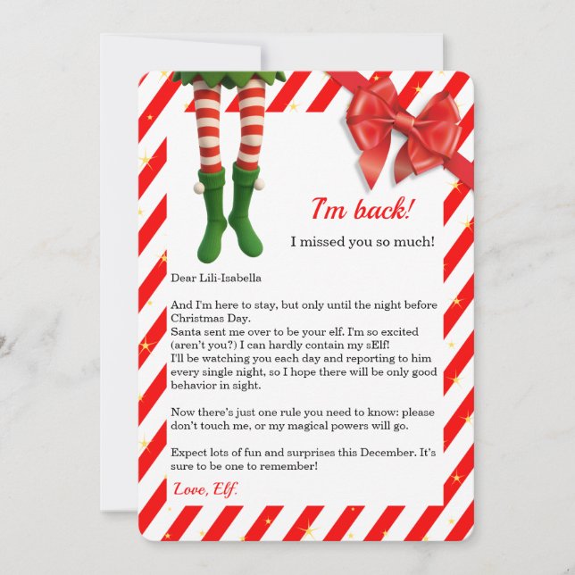 Elf Letter “I’m Back” | Funny North Pole Arrival  Holiday Card (Front)