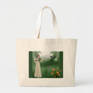 Elf Magic in Grass Field with Hummingbirds Large Tote Bag