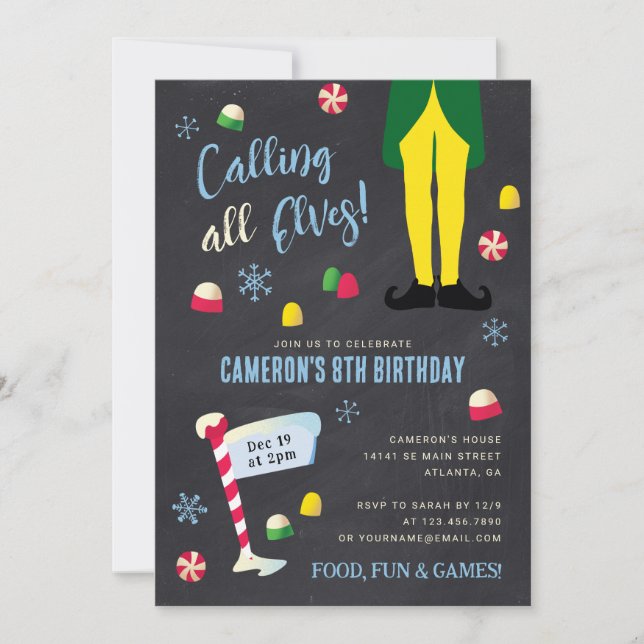 Elf Movie Kids Chalkboard Winter Birthday  Invitation (Front)