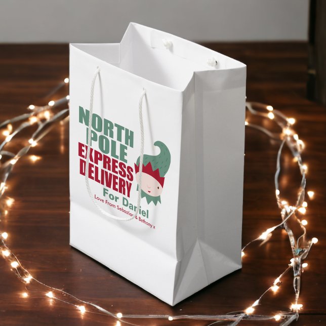 Elf North Pole Express Delivery Personalised Medium Gift Bag (North Pole Express Delivery Personalized Elf Gift Bag from Ricaso)