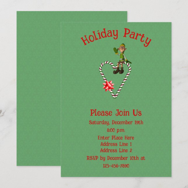 Elf On Candy Cane Heart Christmas Holiday  Invitation (Front/Back)
