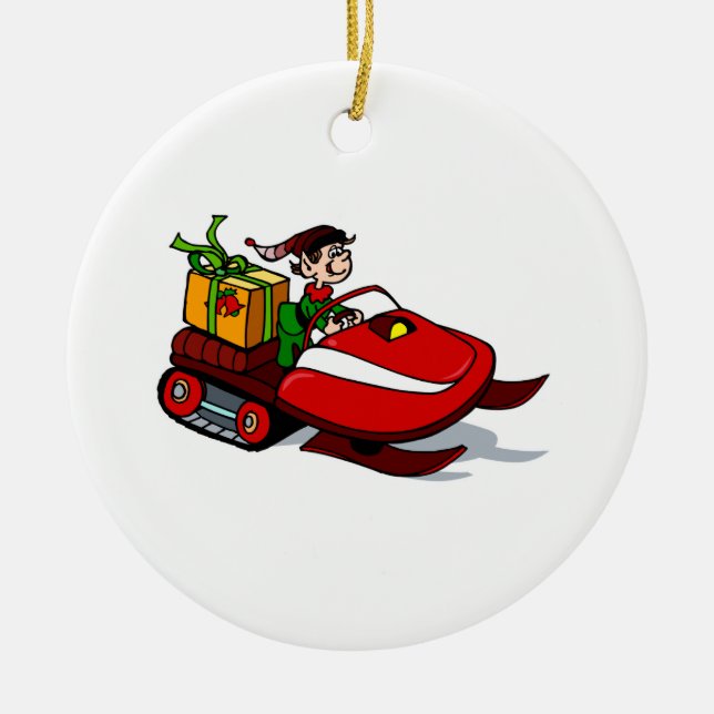 elf on snow mobile ceramic tree decoration (Front)