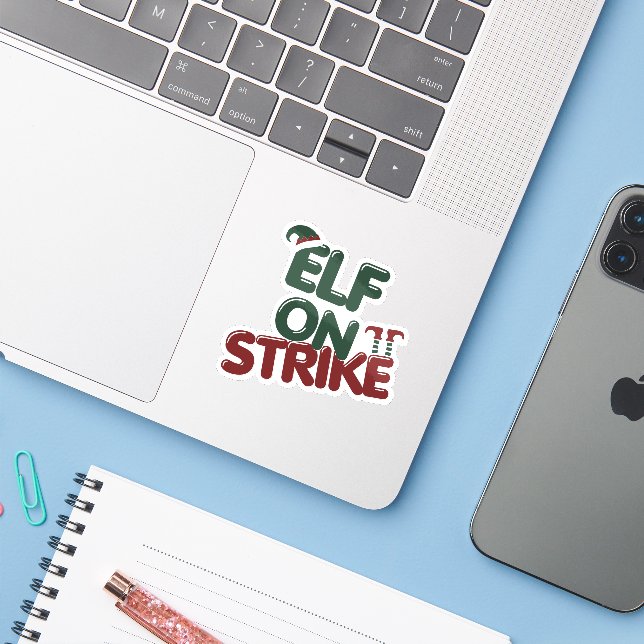 Elf On Strike Funny Holiday Sticker (Laptop w/ iPhone)