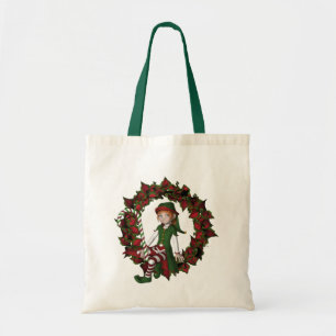 Elf On Wreath Christmas Holiday Tote Bag