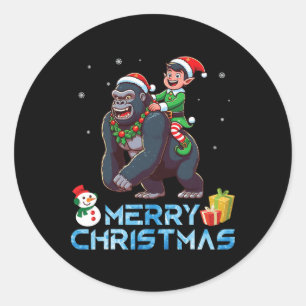 Elf Riding Gorilla Snowman Present Merry Christmas Classic Round Sticker