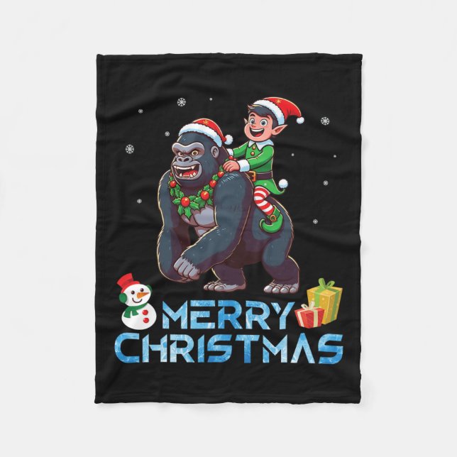 Elf Riding Gorilla Snowman Present Merry Christmas Fleece Blanket (Front)