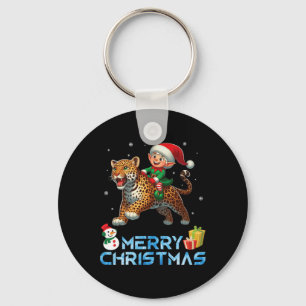 Elf Riding Leopard Snowman Present Merry Christmas Key Ring