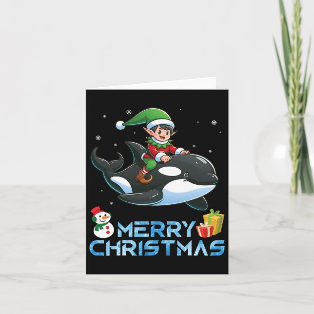 Elf Riding Orca Snowman Present Merry Christmas Da Card (Front)