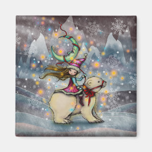 Elf Riding Polar Bear Christmas Holiday Art Magnet