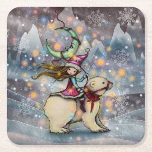 Elf Riding Polar Bear Christmas Holiday Art Square Paper Coaster