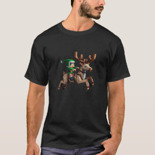 Elf Riding Reindeer Design Block Style Character P T-Shirt