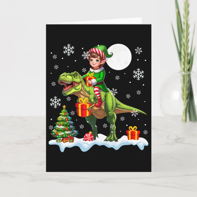 Elf Riding T-rex Christmas Tree Colourful Lights L Card (Front)