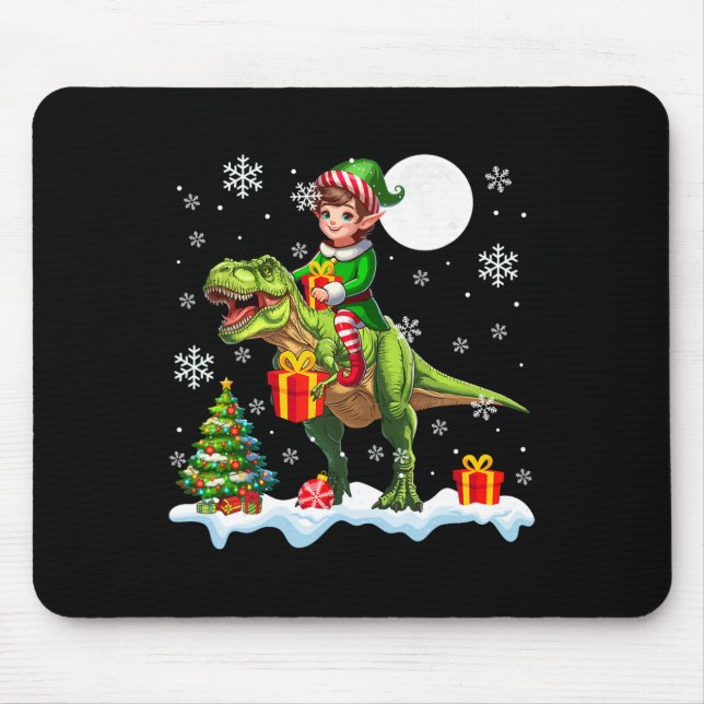Elf Riding T-rex Christmas Tree Colourful Lights L Mouse Pad (Front)