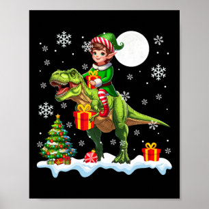 Elf Riding T-rex Christmas Tree Colourful Lights L Poster