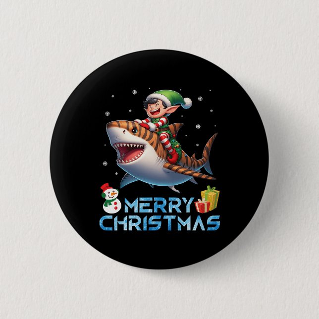 Elf Riding Tiger Shark Snowman Present Merry Chris 6 Cm Round Badge (Front)