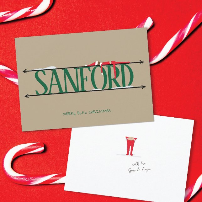 Elf Shenanigans Name Sign Green & Tan Christmas Holiday Card (Creator Uploaded)