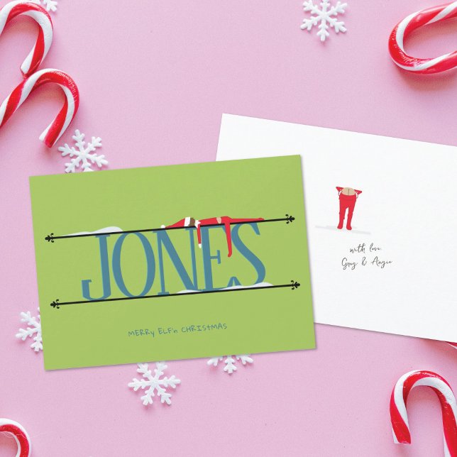 Elf Shenanigans Name Sign Teal & Green Christmas Holiday Card (Creator Uploaded)