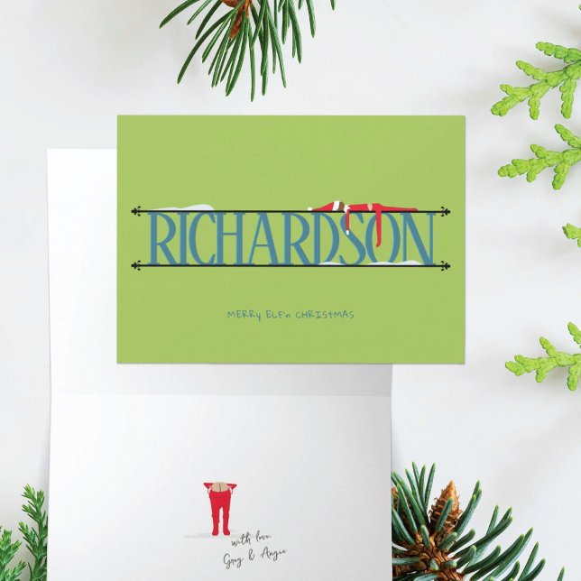 Elf Shenanigans Name Sign Teal & Green Folded Card (Creator Uploaded)
