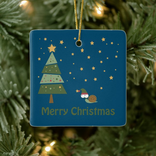 Elf Snail Christmas Scene Ceramic Ornament (Tree)