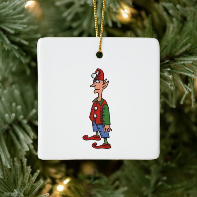 Elf Standing At Attention square ceramic ornament (Tree)