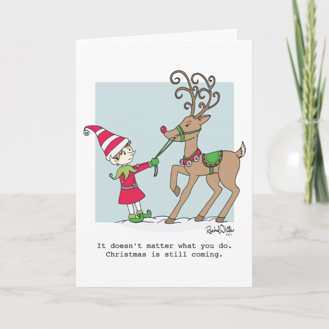 Elf & Stubborn Reindeer Greeting Card (Front)