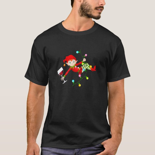 Elf Swinging On Christmas Lights With Wine Glass I T-Shirt (Front)