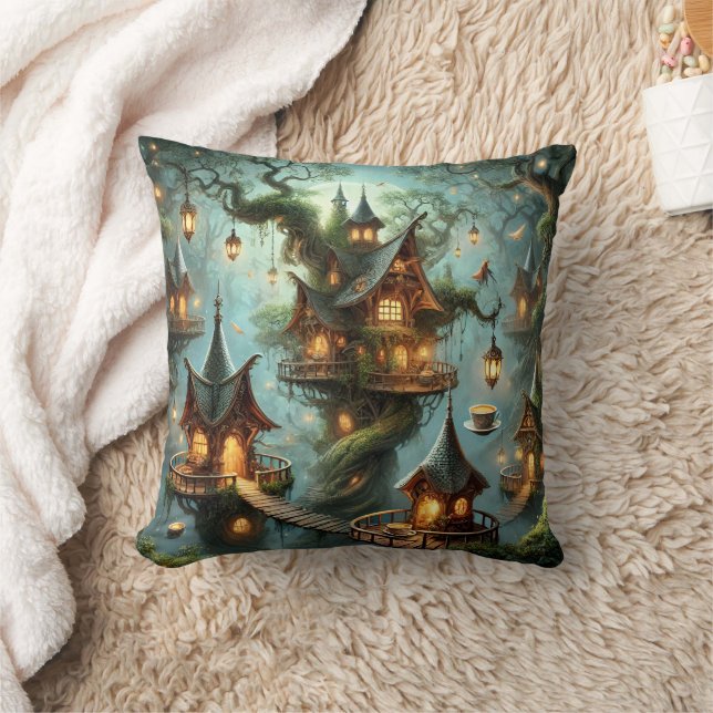 Elf Tea House Fantasy Village Home Throw Pillow (Blanket)