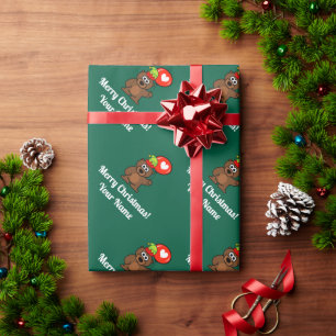 Elf teddy bear with heart balloon Christmas Wrapping Paper