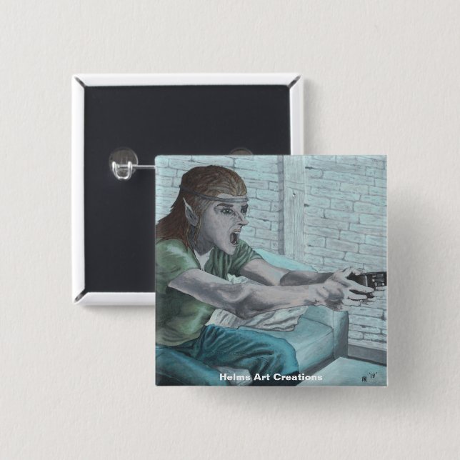 Elf Video Game Player Fantasy Art Button (Front & Back)