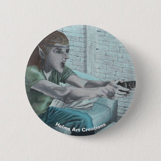 Elf Video Gamer Playing Fantasy Art Button (Front)
