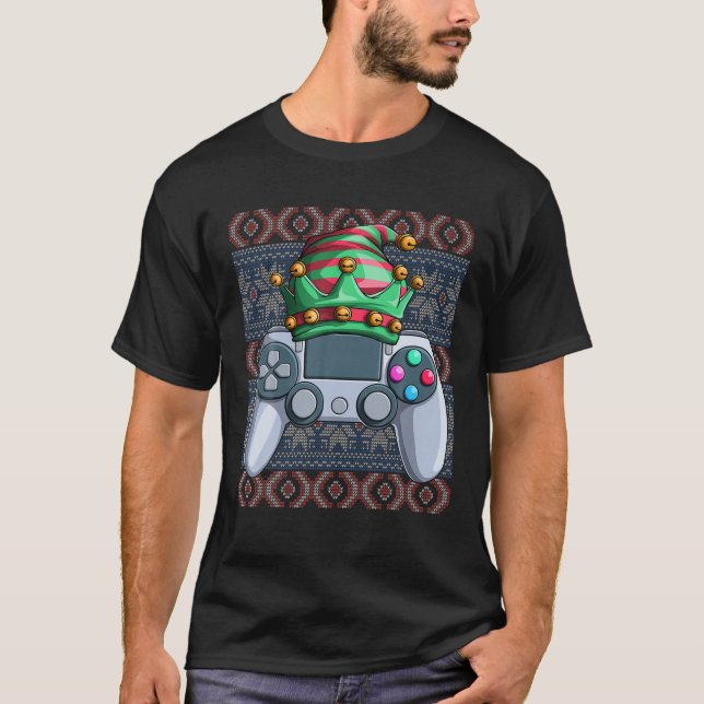 Elf Video Gamer Ugly Christmas Game Controller Xma T-Shirt (Front)