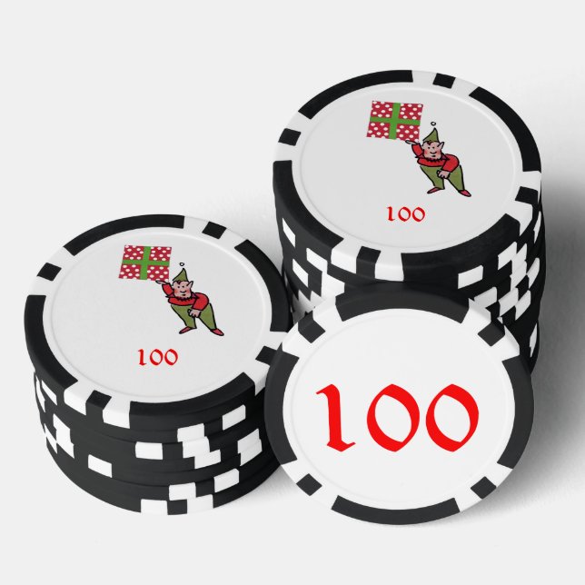 Elf w Polka Dot Gift black 100 striped poker chip (Stack)