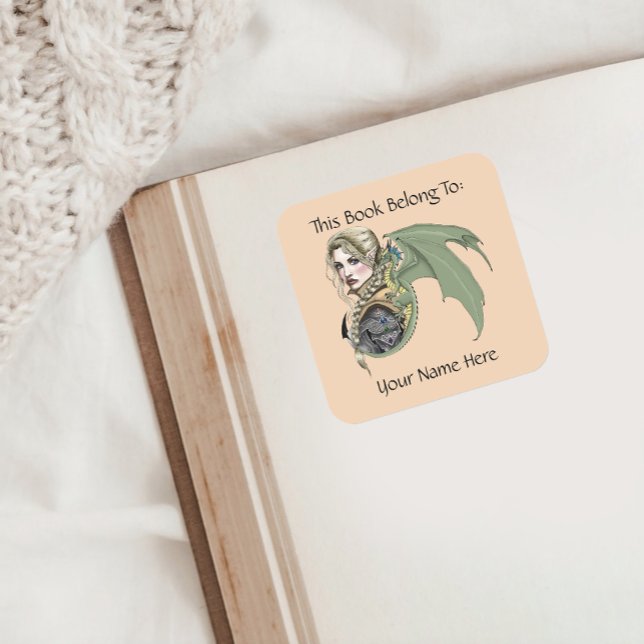 Elf Warrior Dragon Fantasy Magical  Bookplate Square Sticker (Creator Uploaded)