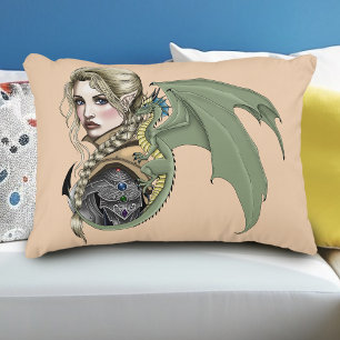 Elf Warrior Dragon Fantasy Magical Mediaeval Peach Decorative Cushion