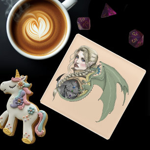 Elf Warrior Dragon Fantasy Magical Mediaeval Peach Glass Coaster