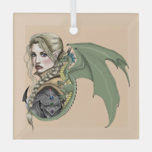 Elf Warrior Dragon Fantasy Magical Mediaeval Peach Glass Tree Decoration