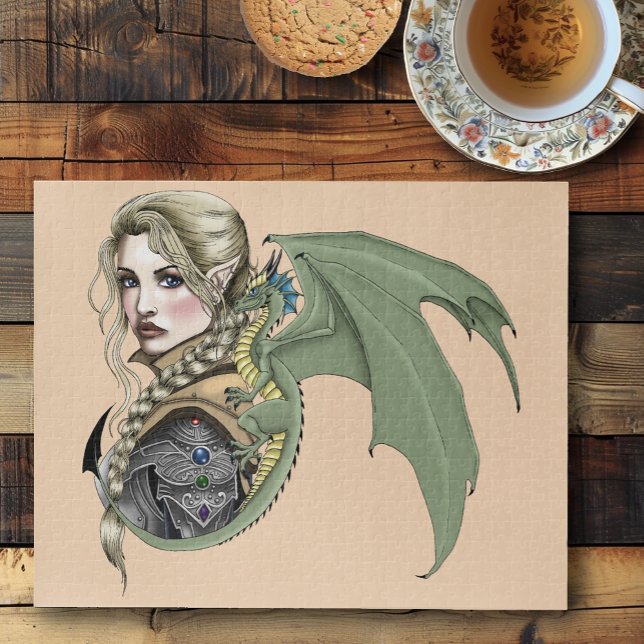 Elf Warrior Dragon Fantasy Magical Mediaeval Peach Jigsaw Puzzle (Creator Uploaded)