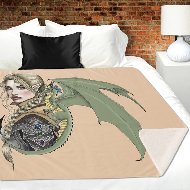 Elf Warrior Dragon Fantasy Magical Mediaeval Peach Sherpa Blanket (Creator Uploaded)